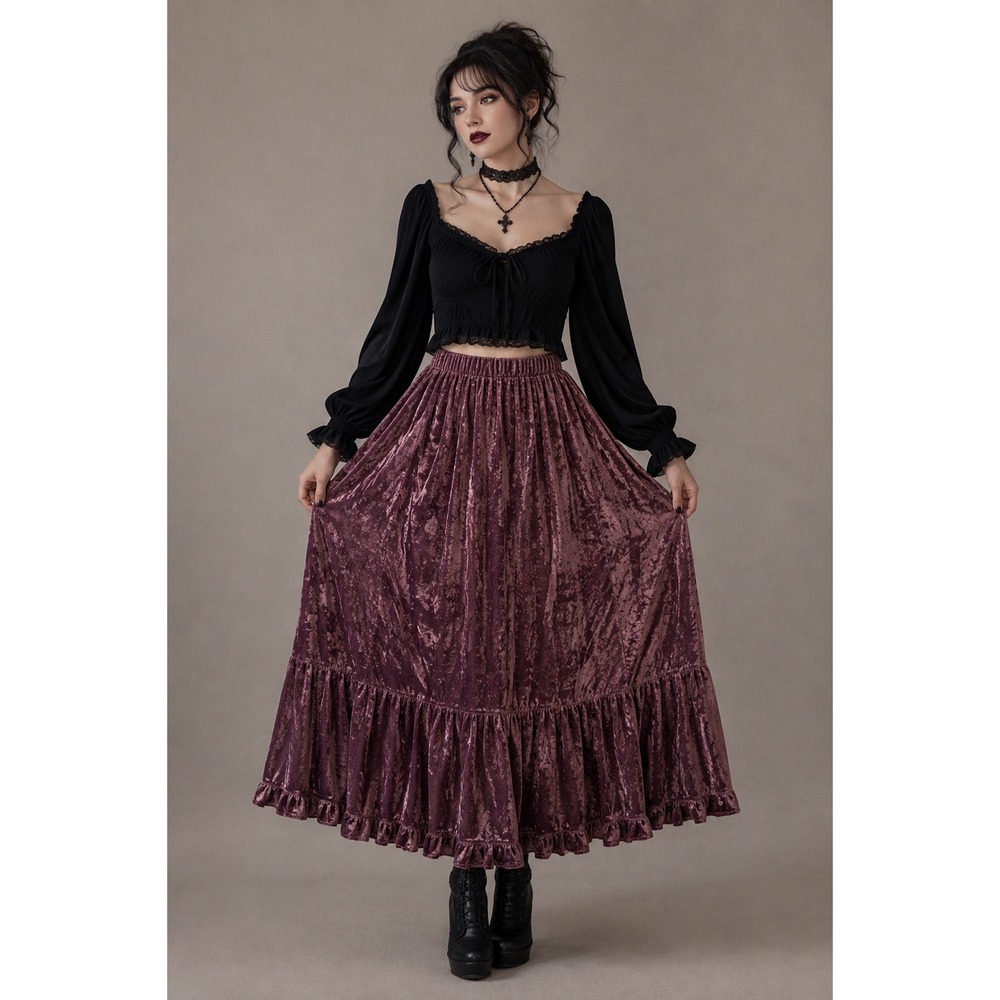 Purple Crushed Velvet Peasant Maxi Skirt Whimsigoth Boho Cottagecore M
